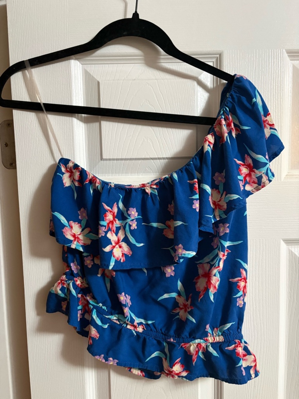American Eagle off the shoulder ruffle top floral blue women's size M